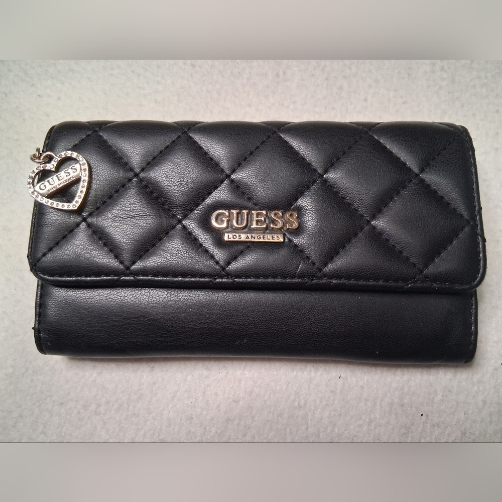 Guess Black Quilted Wallet with Gold Accents